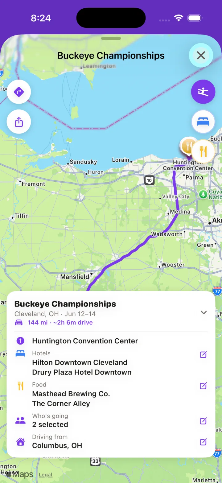 Trip Planner with the venue mapped and hotels nearby